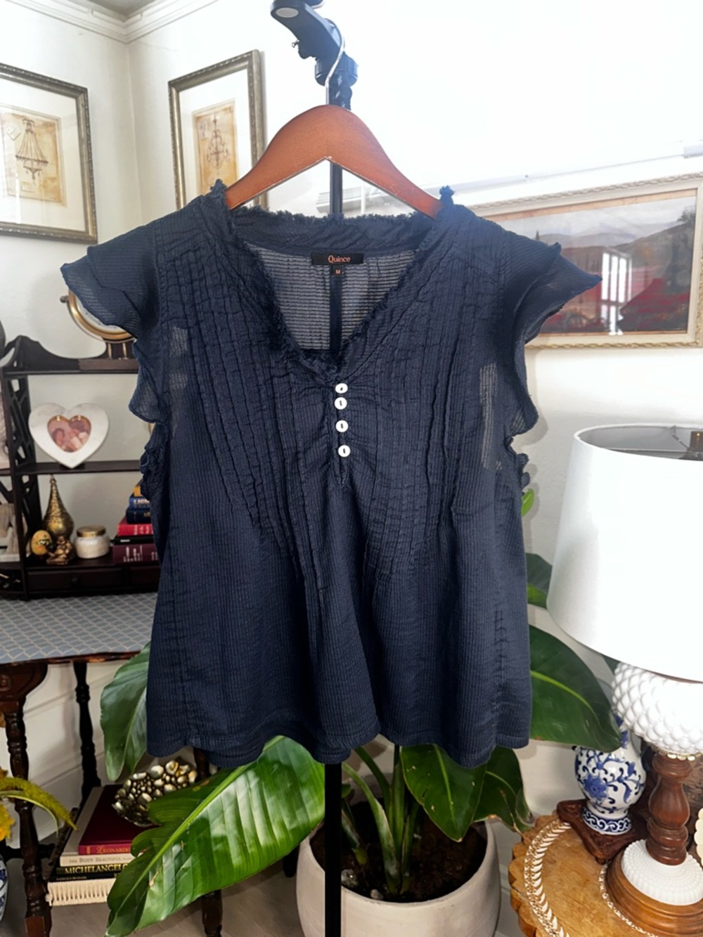 Quince Navy 100% cotton V-Neck Ruffle Sleeve Button Front Blouse